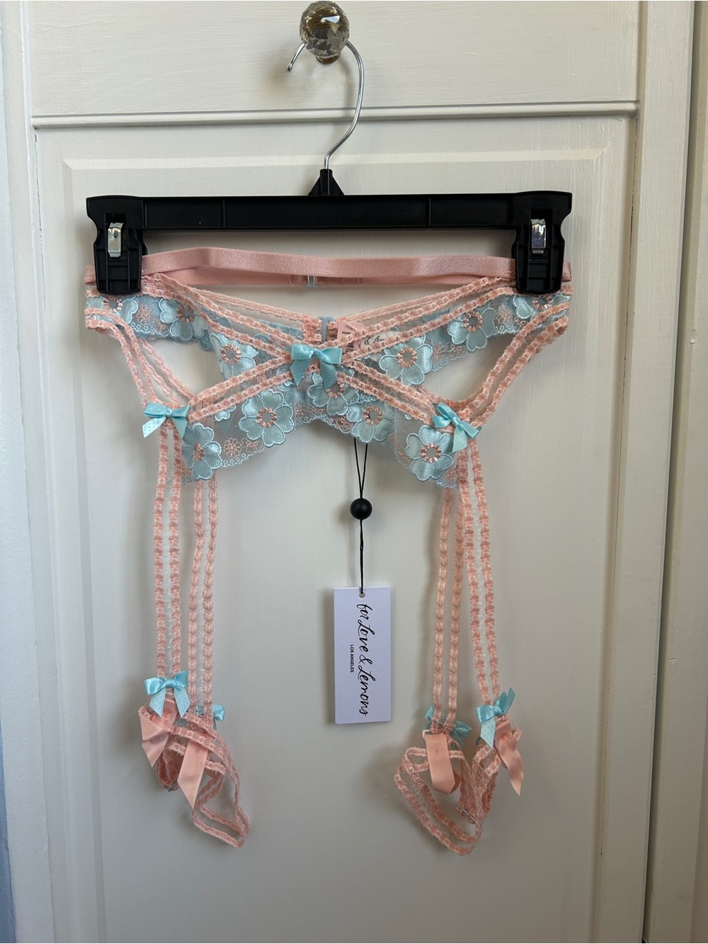 For Love & Lemons Peach and Light Blue Floral Lace Garter